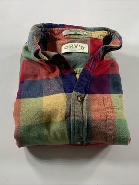 Orvis Men Multicolor Plaid Heavyweight Flannel LS Button Down Shirt Size Medium